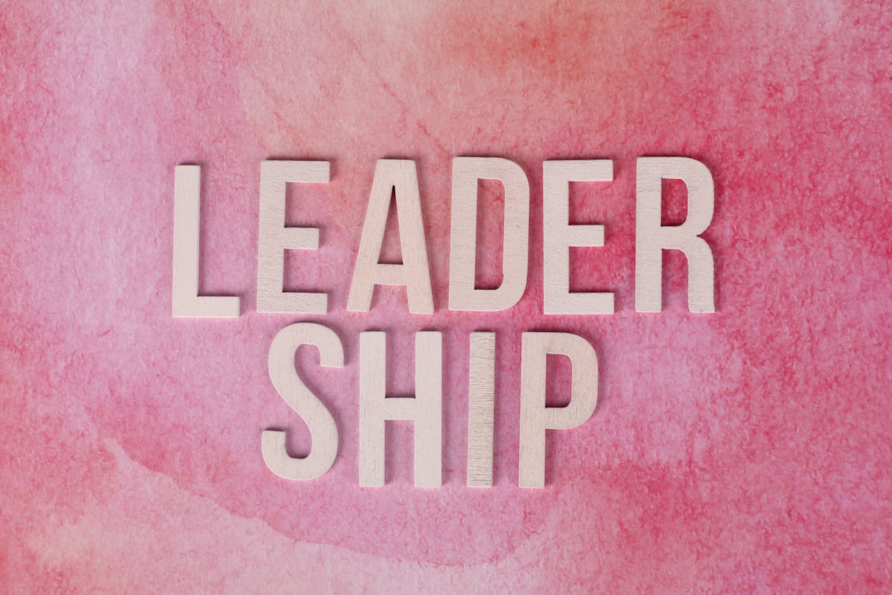 Text 'Leadership' on a textured pink background illustrating influence.